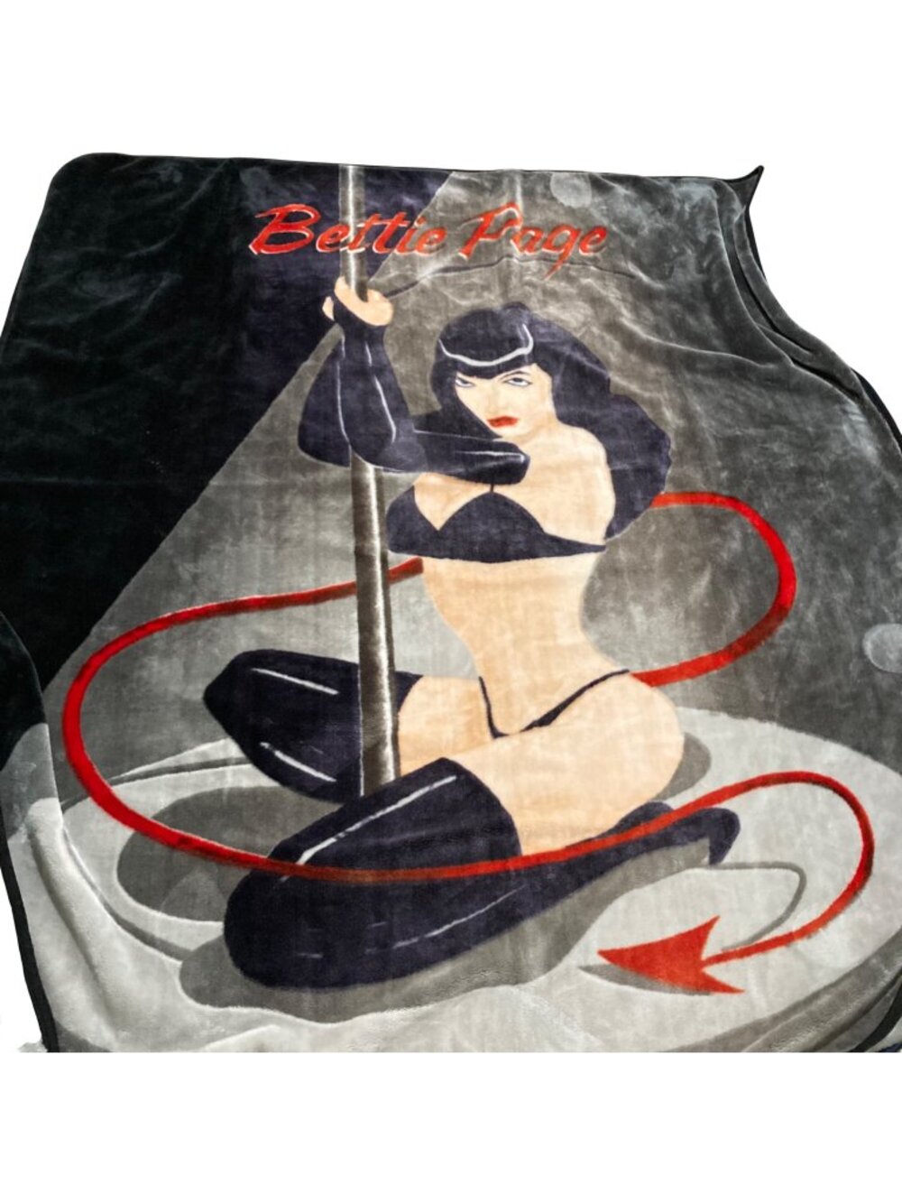 Bettie Page Graphic Soft Plush Queen Size Blanket Black Gray Red Devil Tail